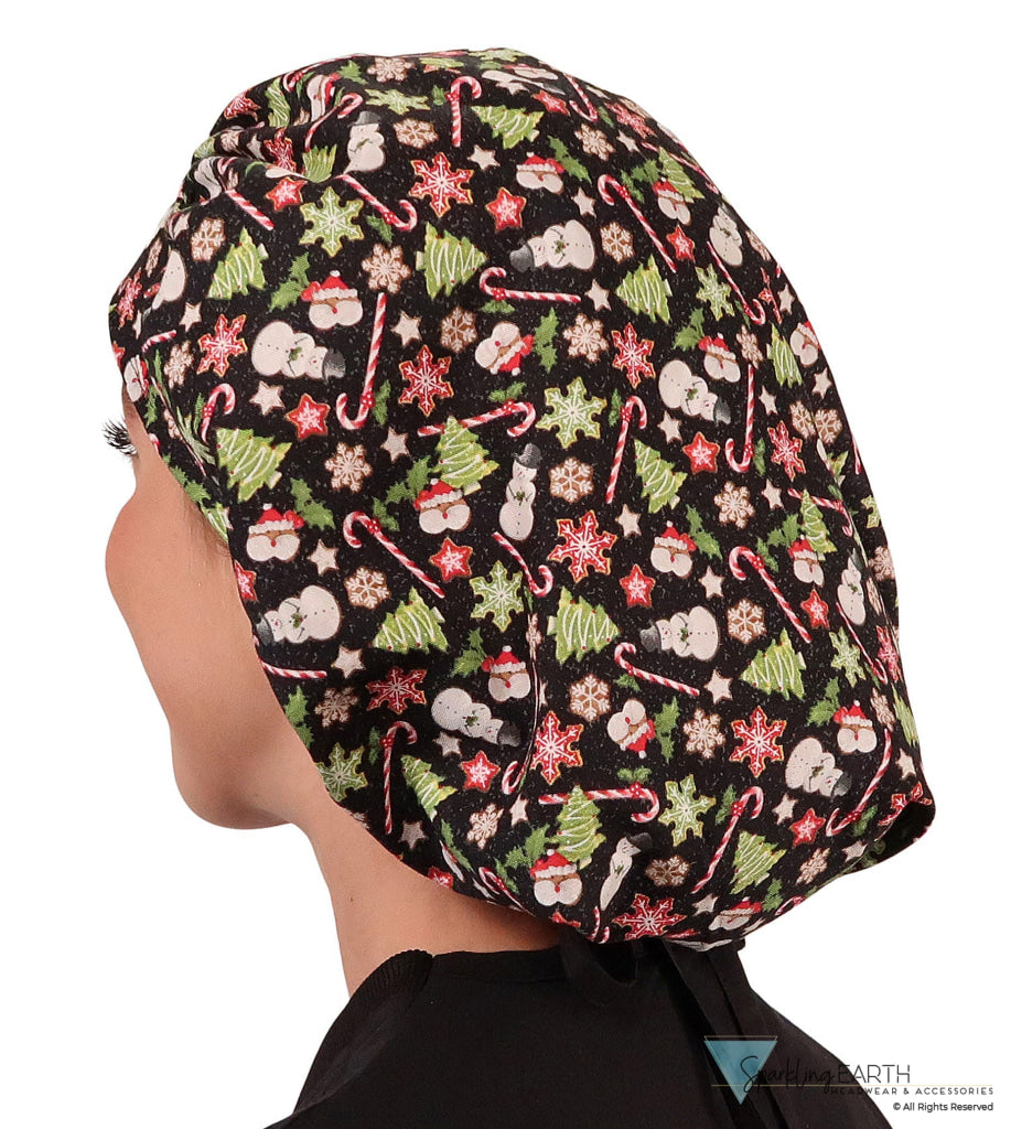 Banded Bouffant Surgical Scrub Cap - Holiday Happiness with Black Ties - Banded Bouffant Surgical Scrub Caps - Sparkling EARTH