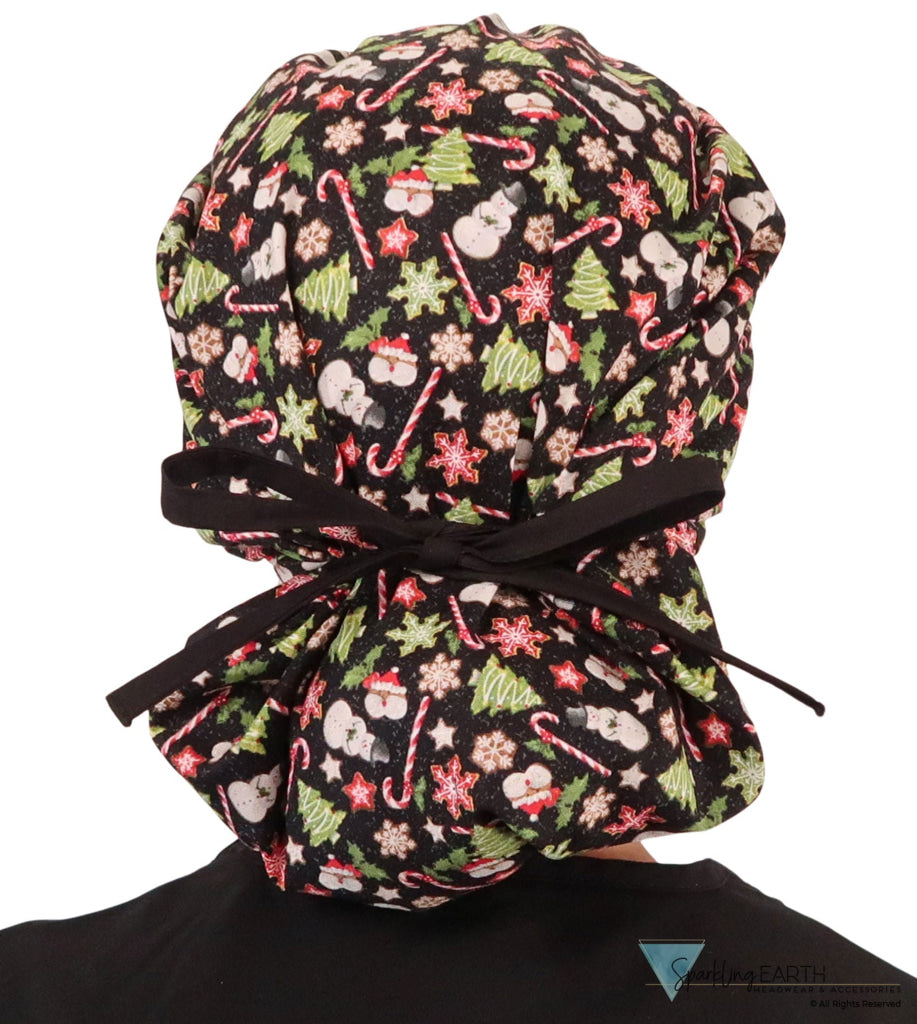 Banded Bouffant Surgical Scrub Cap - Holiday Happiness with Black Ties - Banded Bouffant Surgical Scrub Caps - Sparkling EARTH