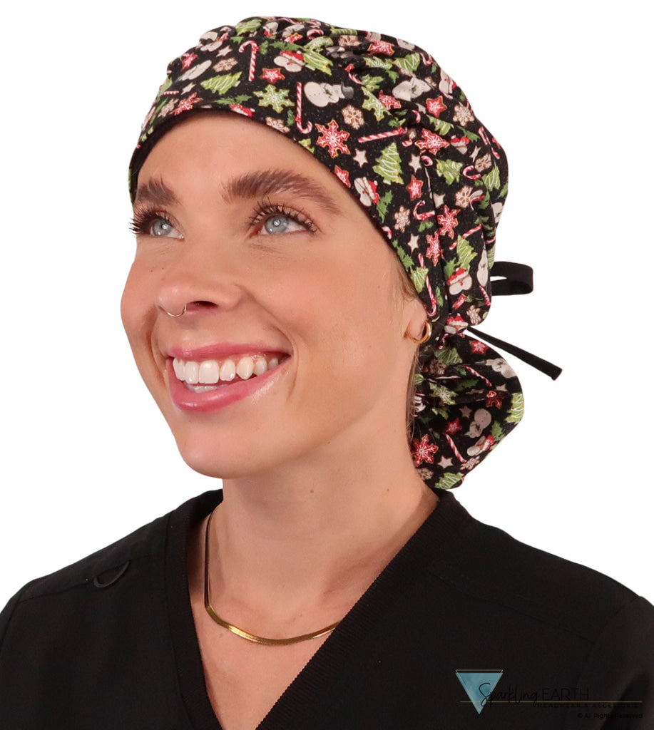 Banded Bouffant Surgical Scrub Cap - Holiday Happiness with Black Ties - Banded Bouffant Surgical Scrub Caps - Sparkling EARTH