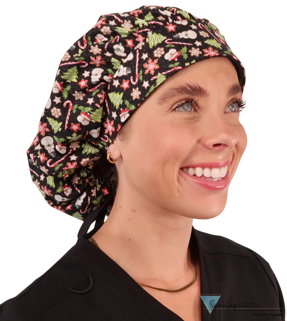 Banded Bouffant Surgical Scrub Cap - Holiday Happiness with Black Ties - Banded Bouffant Surgical Scrub Caps - Sparkling EARTH
