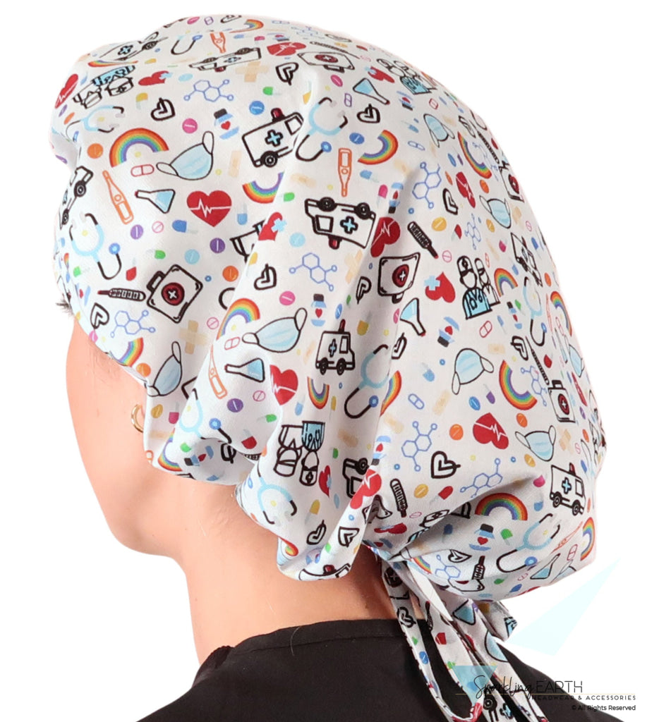 Banded Bouffant Ponytail Scrub Cap - Hope & Healing on White Banded Bouffant Surgical Scrub Caps