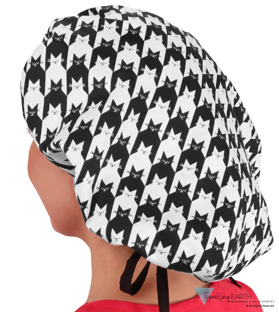 Banded Bouffant Surgical Scrub Cap - Houndstooth Kitties with Black Band - Banded Bouffant Surgical Scrub Caps - Sparkling EARTH
