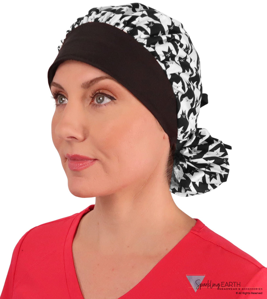 Banded Bouffant Surgical Scrub Cap - Houndstooth Kitties with Black Band - Banded Bouffant Surgical Scrub Caps - Sparkling EARTH
