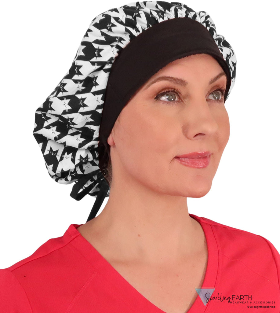 Banded Bouffant Surgical Scrub Cap - Houndstooth Kitties with Black Band - Banded Bouffant Surgical Scrub Caps - Sparkling EARTH