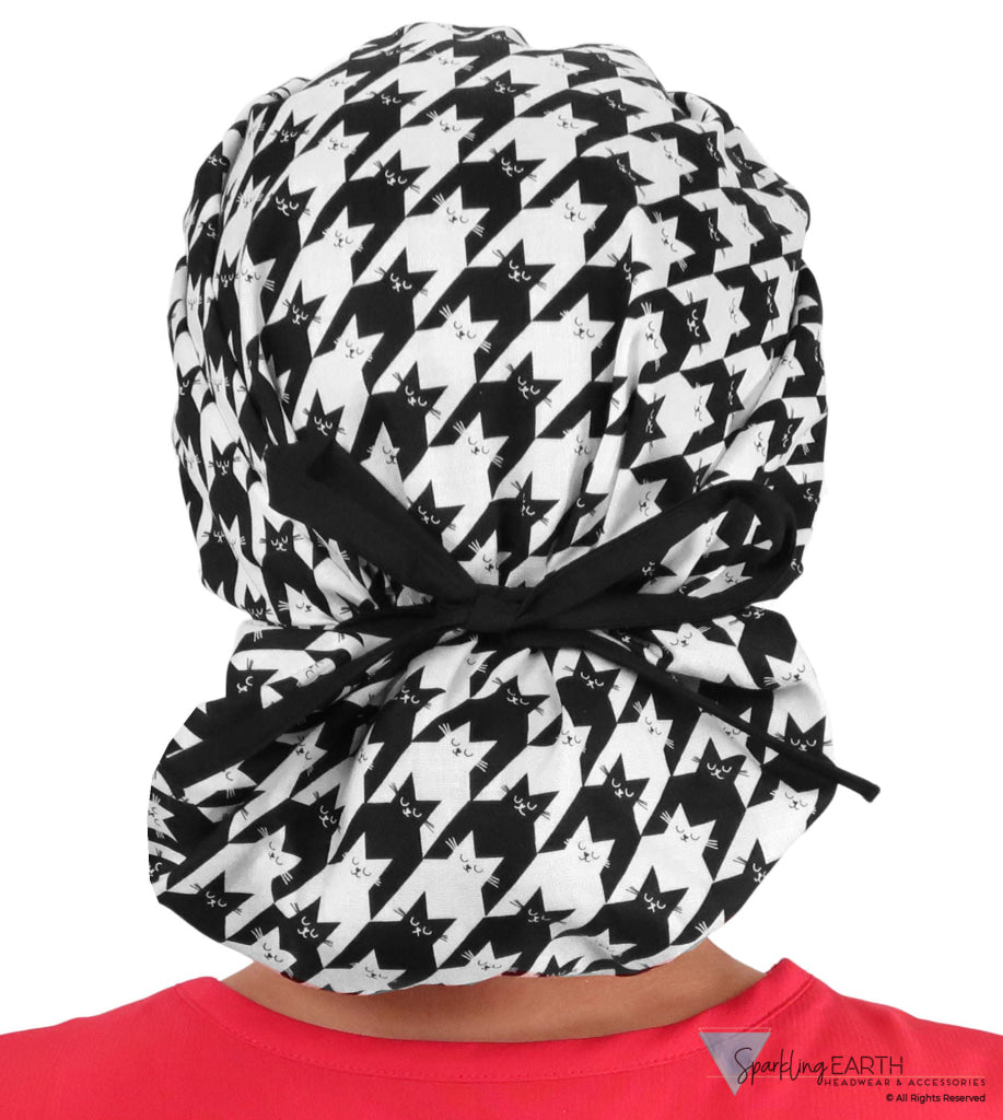 Banded Bouffant Surgical Scrub Cap - Houndstooth Kitties with Black Band - Banded Bouffant Surgical Scrub Caps - Sparkling EARTH