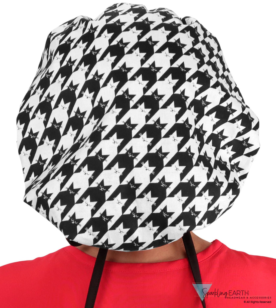 Banded Bouffant Surgical Scrub Cap - Houndstooth Kitties with Black Band - Banded Bouffant Surgical Scrub Caps - Sparkling EARTH