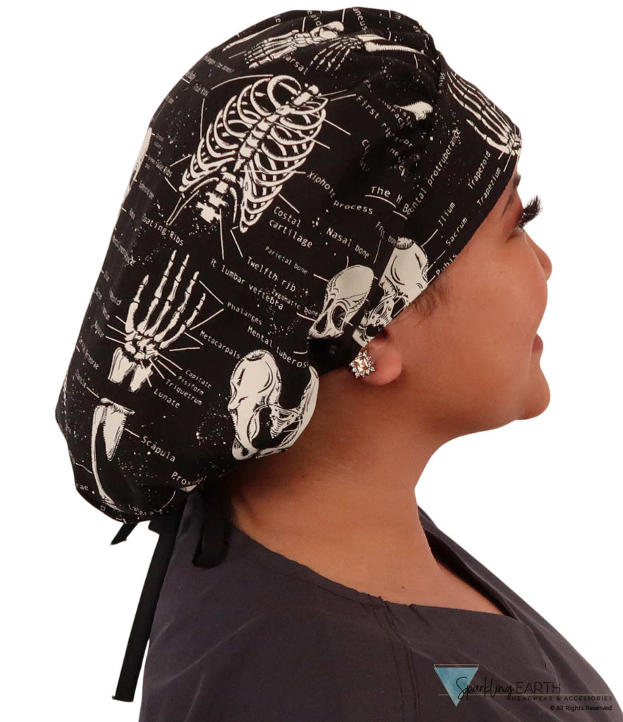 Designer Banded Bouffant Surgical Scrub Cap - Human Body Skeletons with Black Ties (Glow in the Dark) - Designer Banded Bouffant Surgical Scrub Caps - Sparkling EARTH