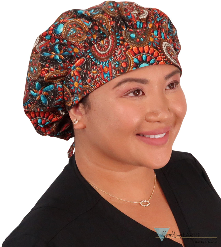 Banded Bouffant Surgical Scrub Cap - Indian Jewelry Coral - Banded Bouffant Surgical Scrub Caps - Sparkling EARTH