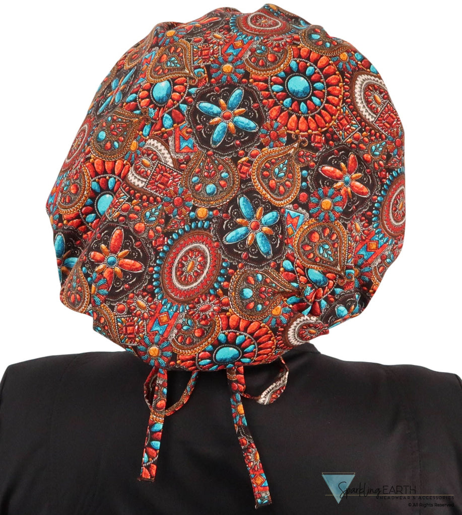 Banded Bouffant Surgical Scrub Cap - Indian Jewelry Coral - Banded Bouffant Surgical Scrub Caps - Sparkling EARTH