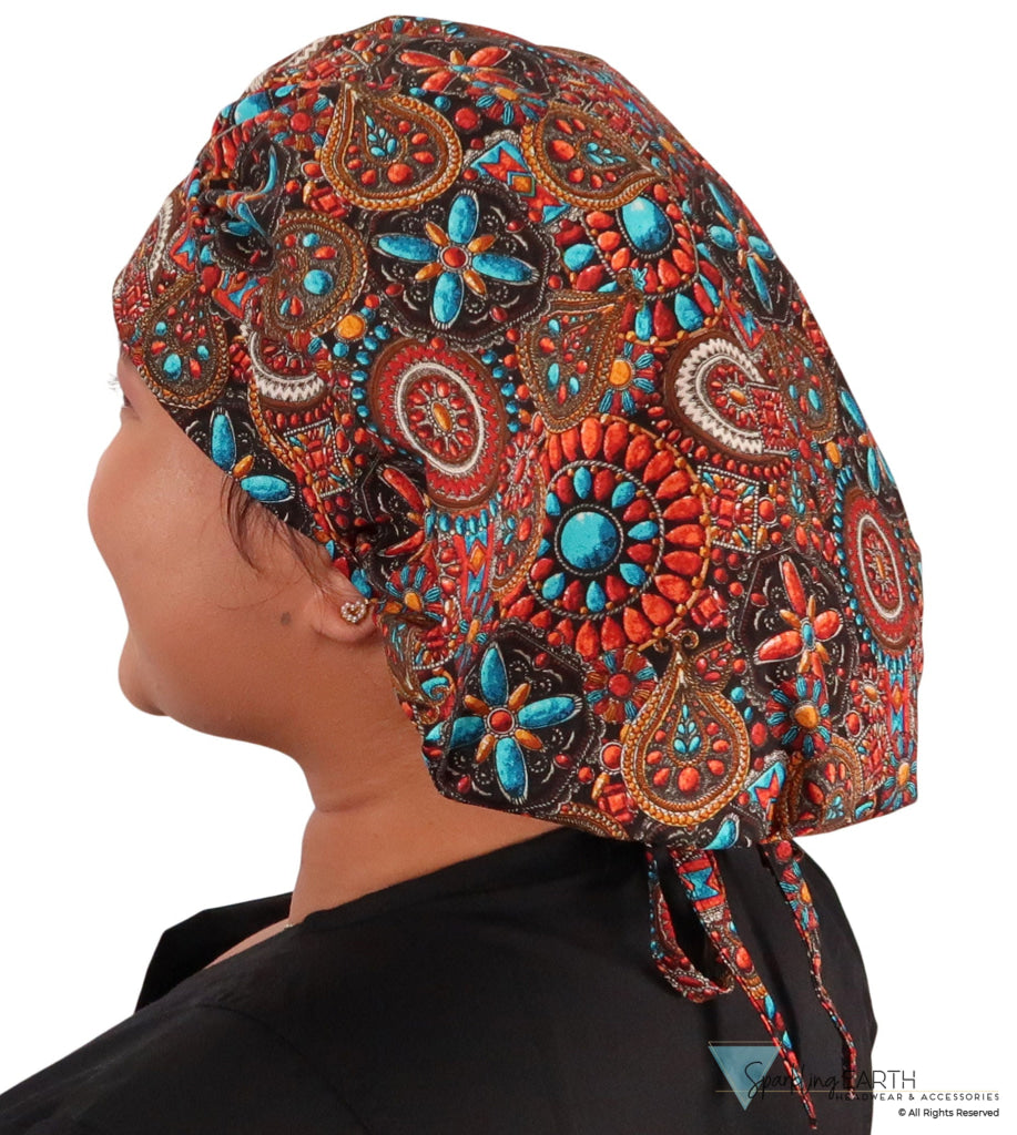 Banded Bouffant Surgical Scrub Cap - Indian Jewelry Coral - Banded Bouffant Surgical Scrub Caps - Sparkling EARTH