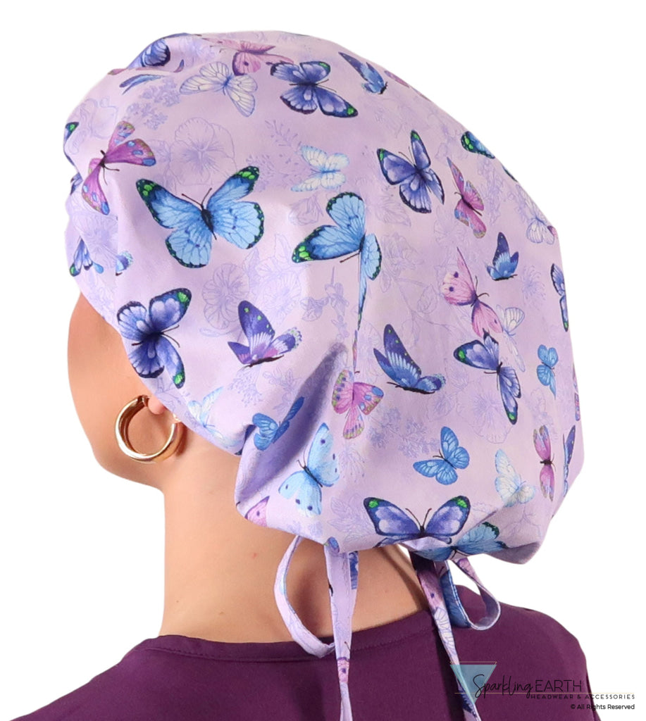 Banded Bouffant Ponytail Scrub Cap - Lavender Butterfly Whimsy Banded Bouffant Surgical Scrub Caps