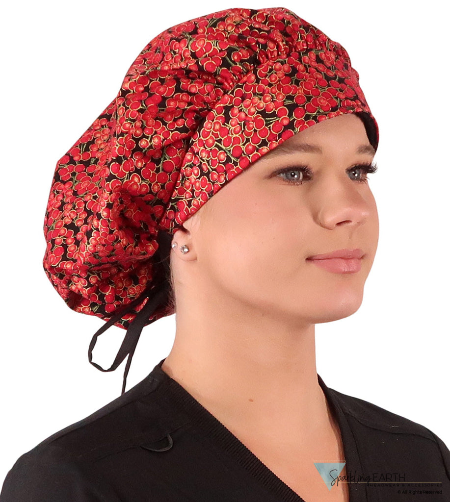Banded Bouffant Ponytail Scrub Cap - Metallic Cranberry Cocktail with Black Ties Banded Bouffant Surgical Scrub Caps
