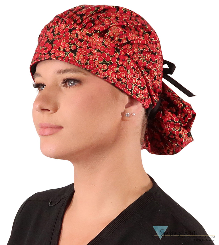 Banded Bouffant Ponytail Scrub Cap - Metallic Cranberry Cocktail with Black Ties Banded Bouffant Surgical Scrub Caps