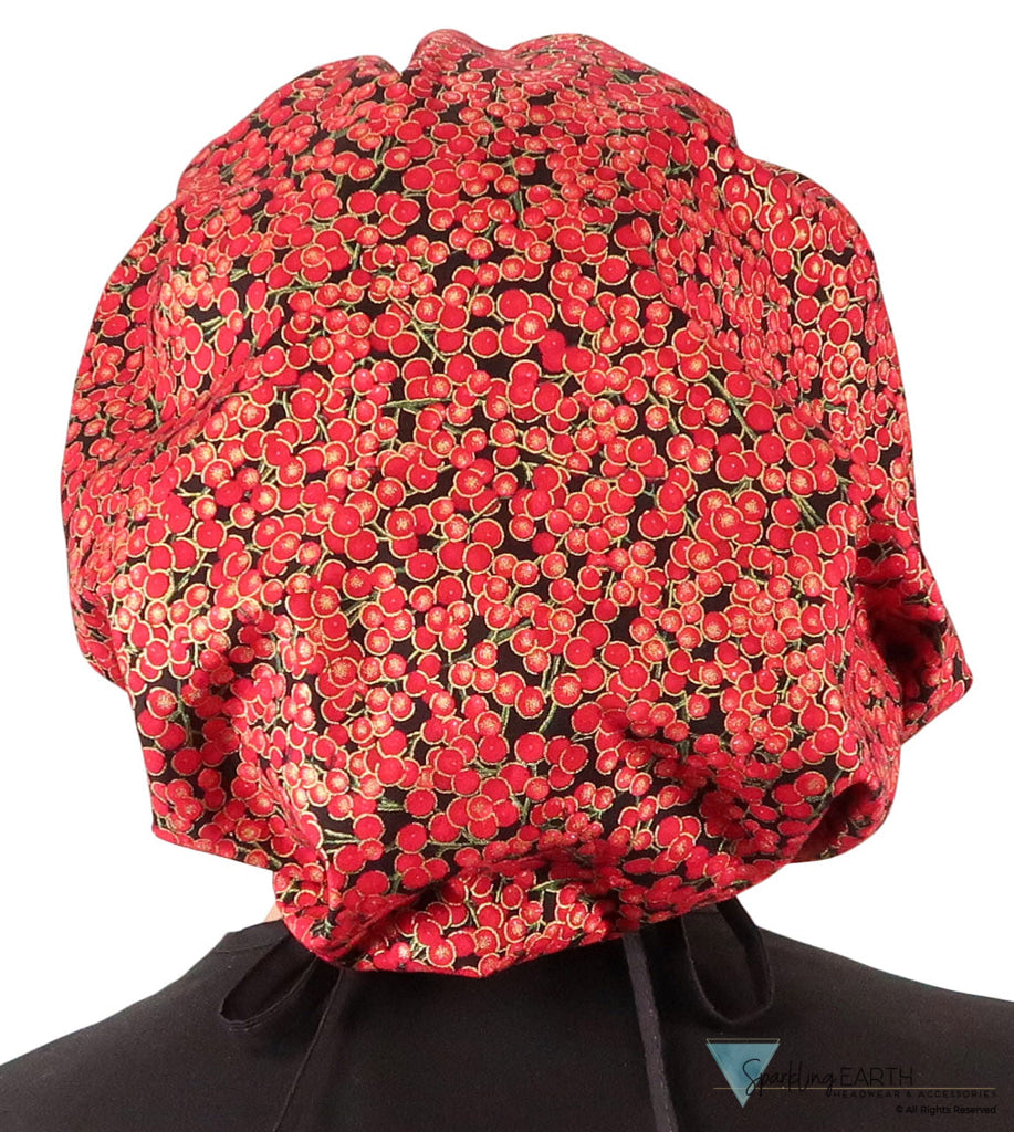 Banded Bouffant Ponytail Scrub Cap - Metallic Cranberry Cocktail with Black Ties Banded Bouffant Surgical Scrub Caps