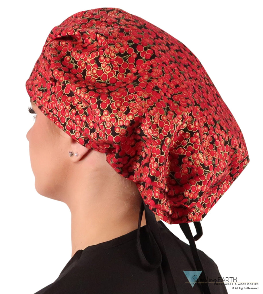 Banded Bouffant Ponytail Scrub Cap - Metallic Cranberry Cocktail with Black Ties Banded Bouffant Surgical Scrub Caps