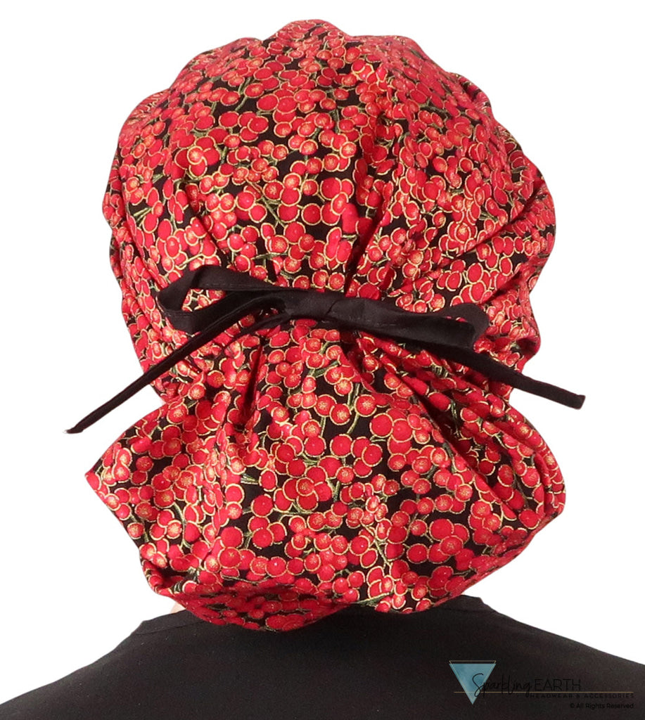 Banded Bouffant Ponytail Scrub Cap - Metallic Cranberry Cocktail with Black Ties Banded Bouffant Surgical Scrub Caps