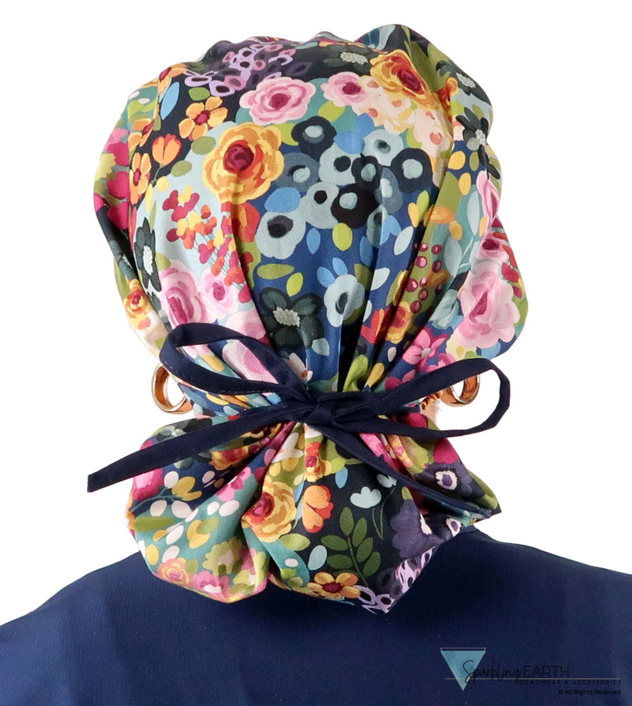 Banded Bouffant Ponytail Scrub Cap - Morning Meadow with Navy Ties Banded Bouffant Surgical Scrub Caps