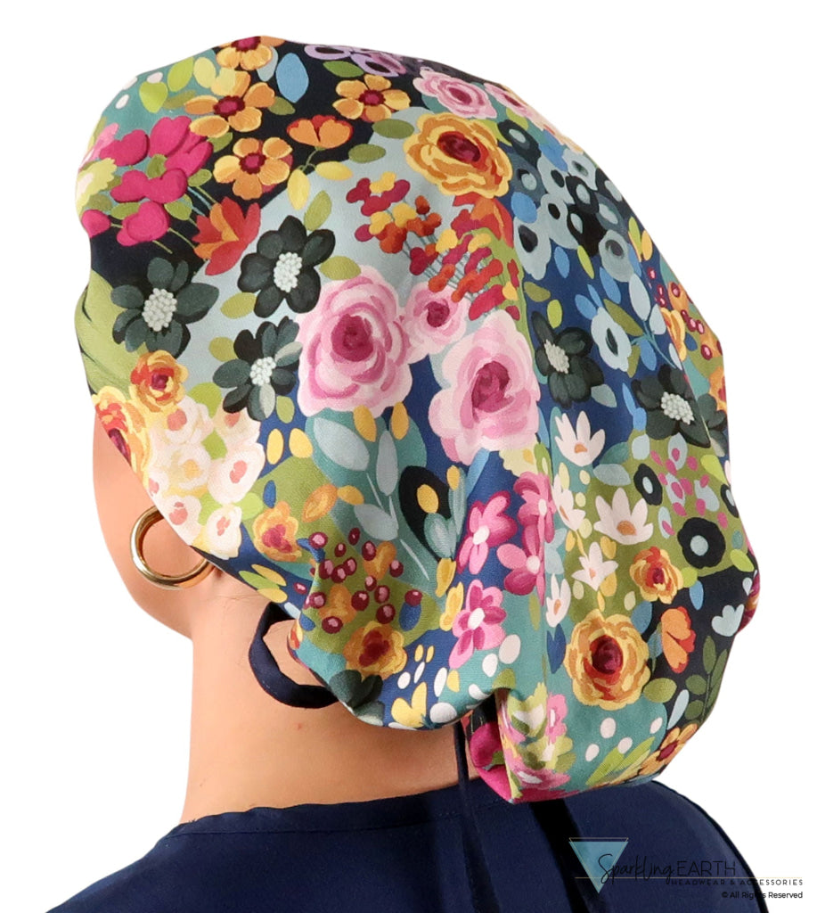 Banded Bouffant Ponytail Scrub Cap - Morning Meadow with Navy Ties Banded Bouffant Surgical Scrub Caps