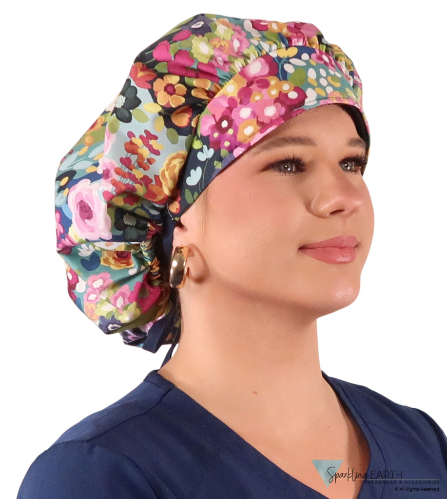 Banded Bouffant Ponytail Scrub Cap - Morning Meadow with Navy Ties Banded Bouffant Surgical Scrub Caps