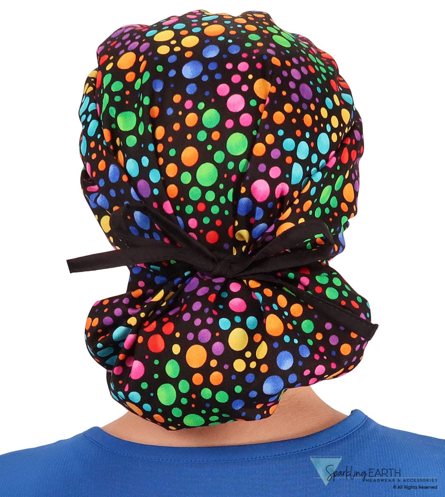 Banded Bouffant Surgical Scrub Cap - Multi Color Dots with Black Ties - Banded Bouffant Surgical Scrub Caps - Sparkling EARTH