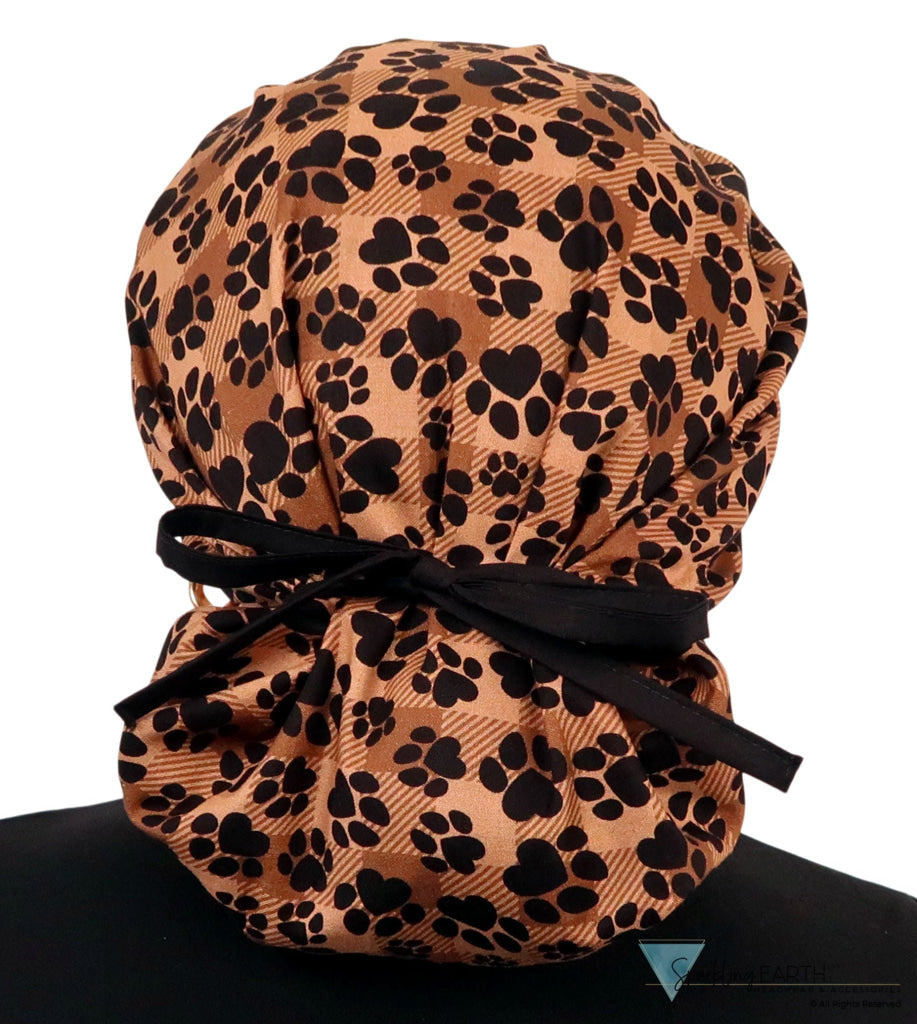Banded Bouffant Surgical Scrub Cap - Plentiful Paws on Brown Plaid with Black Ties - Banded Bouffant Surgical Scrub Caps - Sparkling EARTH