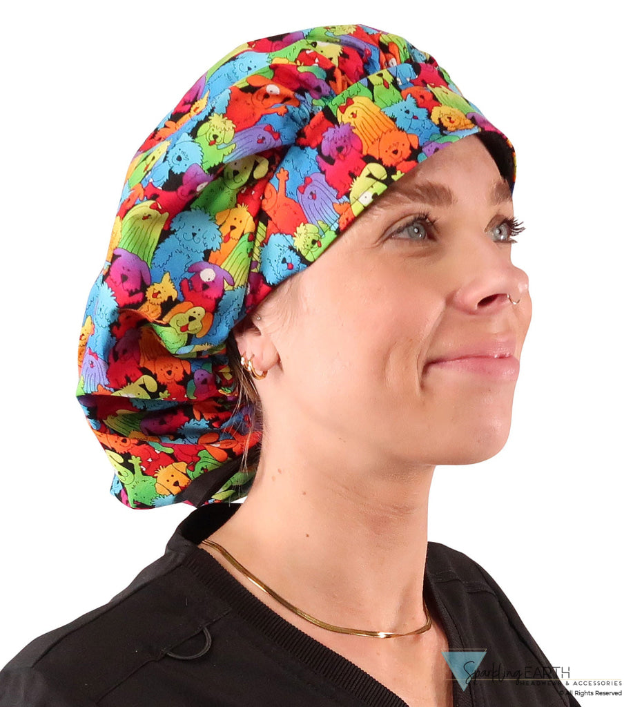 Banded Bouffant Ponytail Scrub Cap - Prismatic Pooch Party with Black Ties - Banded Bouffant Surgical Scrub Caps - Sparkling EARTH