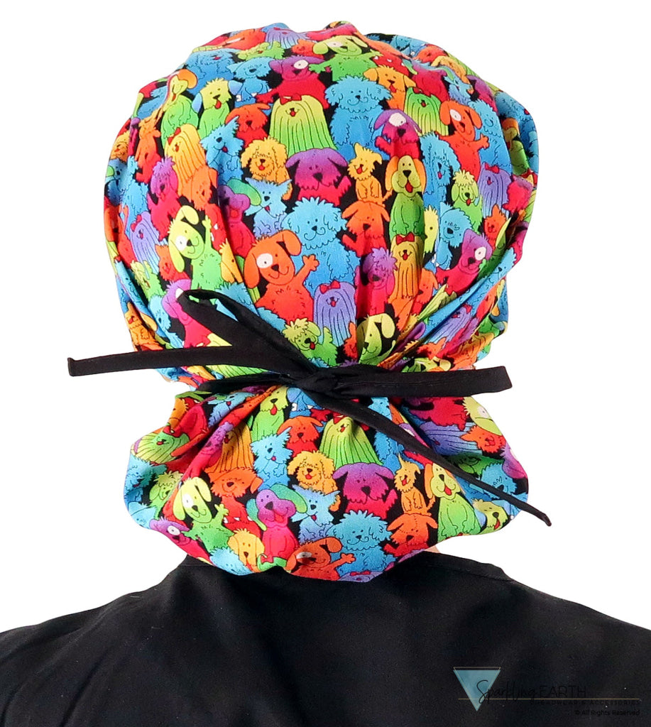Banded Bouffant Ponytail Scrub Cap - Prismatic Pooch Party with Black Ties - Banded Bouffant Surgical Scrub Caps - Sparkling EARTH