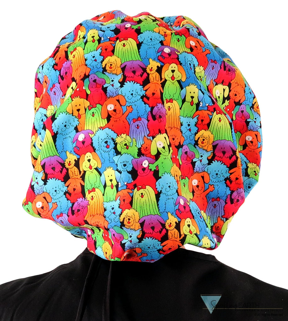 Banded Bouffant Ponytail Scrub Cap - Prismatic Pooch Party with Black Ties - Banded Bouffant Surgical Scrub Caps - Sparkling EARTH