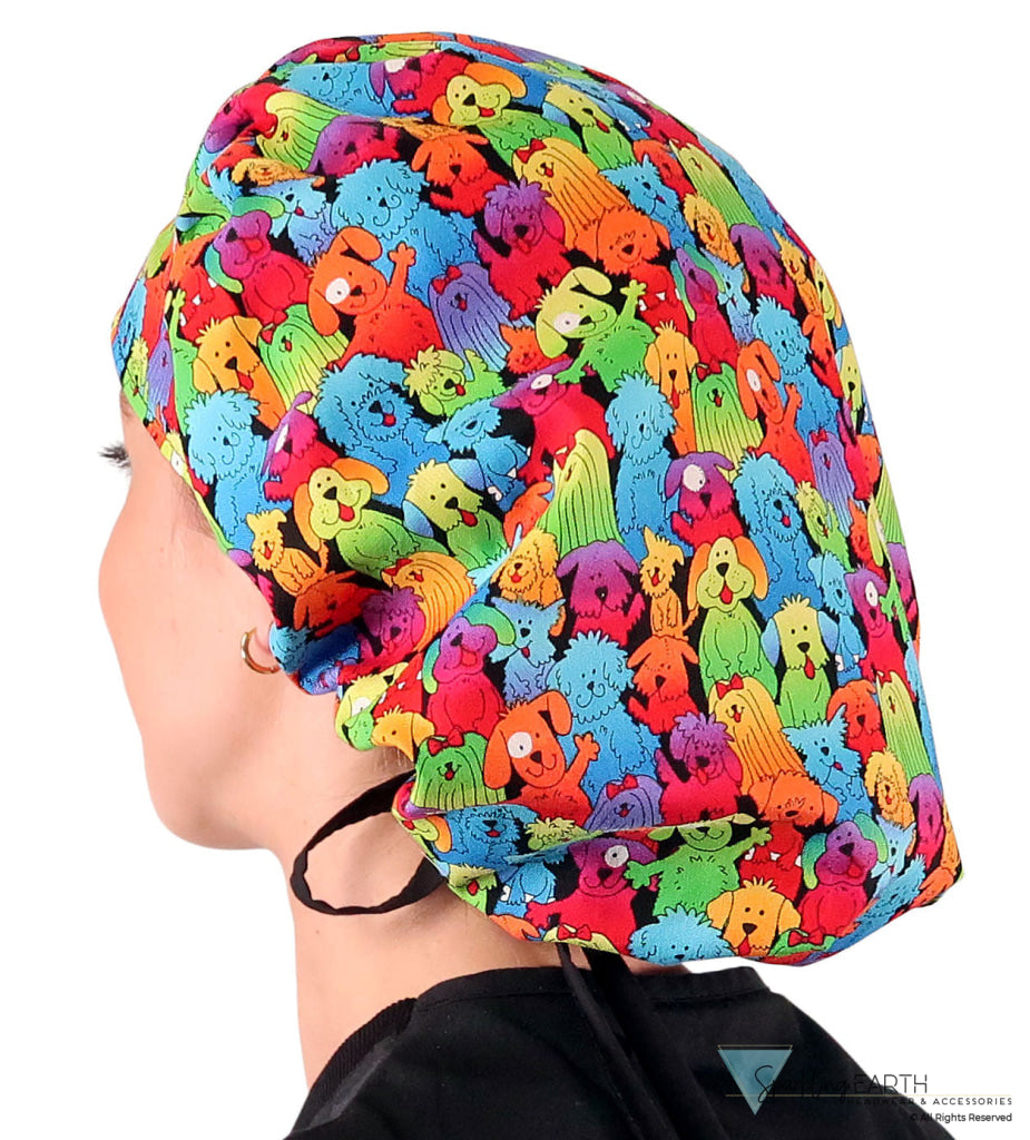 Banded Bouffant Ponytail Scrub Cap - Prismatic Pooch Party with Black Ties - Banded Bouffant Surgical Scrub Caps - Sparkling EARTH