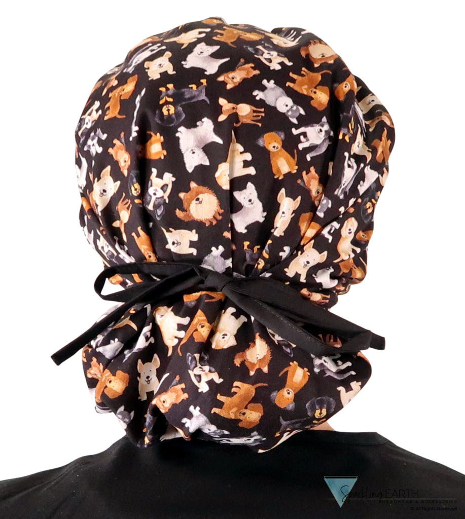Banded Bouffant Ponytail Scrub Caps Puppy Parade with Black Ties Banded Bouffant Surgical Scrub Caps