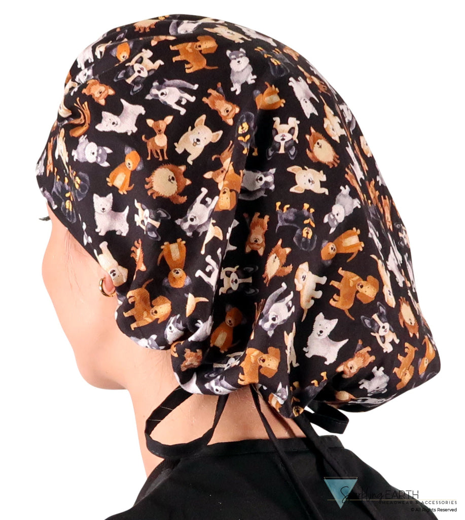Banded Bouffant Ponytail Scrub Caps Puppy Parade with Black Ties Banded Bouffant Surgical Scrub Caps