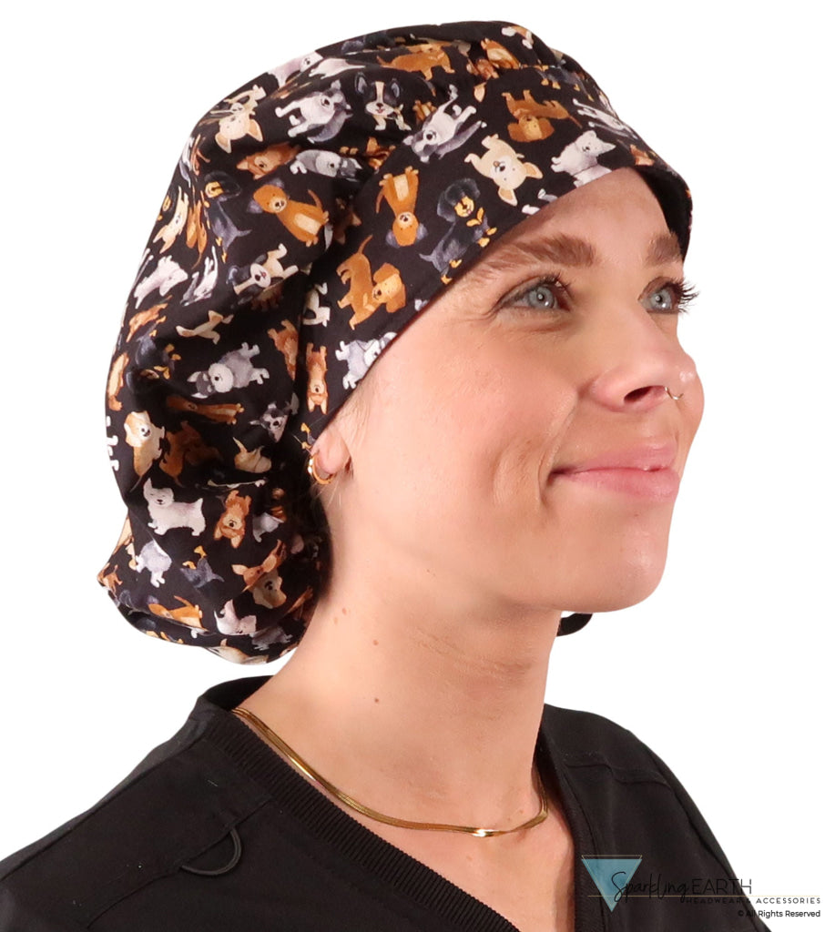 Banded Bouffant Ponytail Scrub Caps Puppy Parade with Black Ties Banded Bouffant Surgical Scrub Caps