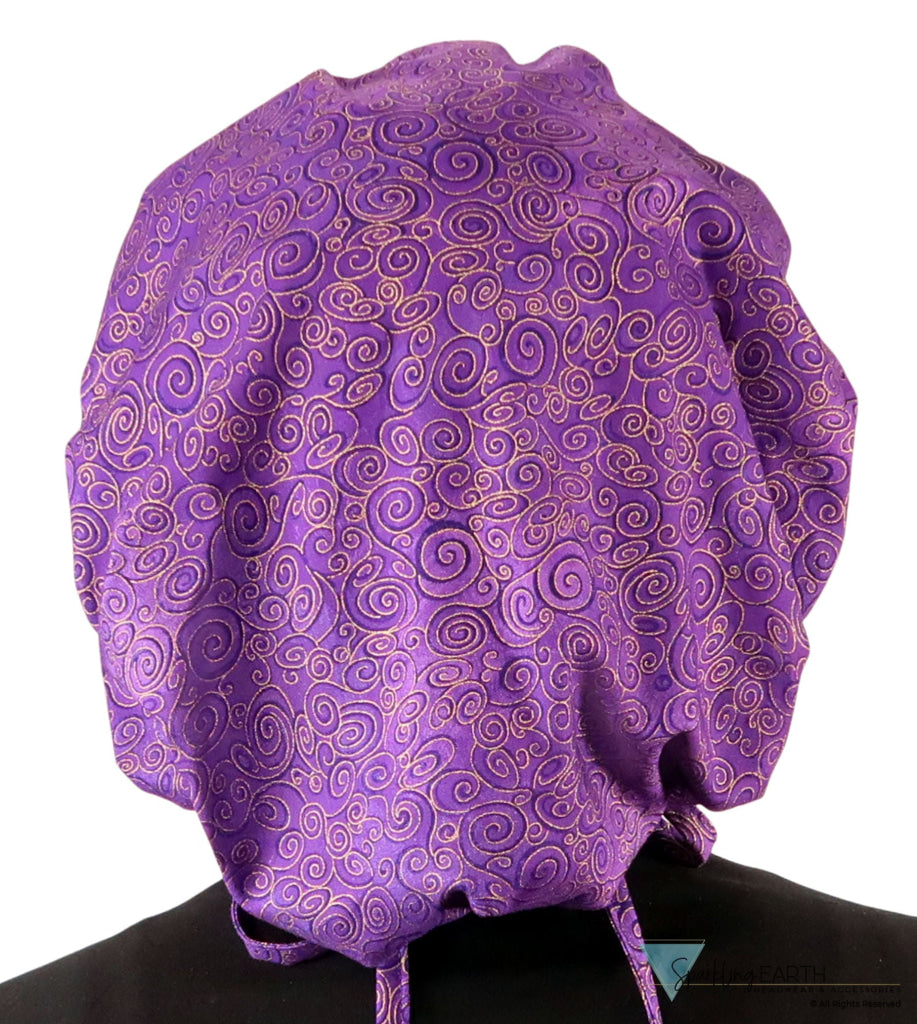Banded Bouffant Ponytail Scrub Cap - Spectacular Gold Swirls on Purple Banded Bouffant Surgical Scrub Caps