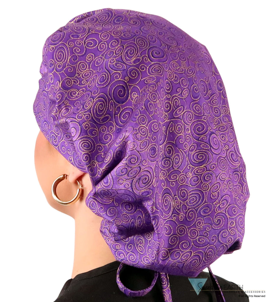 Banded Bouffant Ponytail Scrub Cap - Spectacular Gold Swirls on Purple Banded Bouffant Surgical Scrub Caps