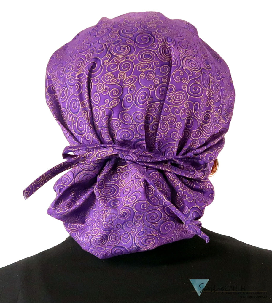 Banded Bouffant Ponytail Scrub Cap - Spectacular Gold Swirls on Purple Banded Bouffant Surgical Scrub Caps