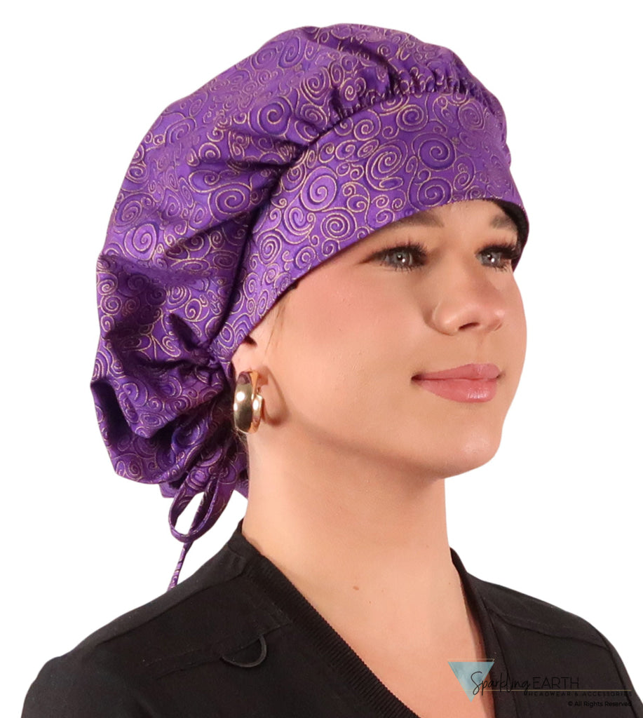 Banded Bouffant Ponytail Scrub Cap - Spectacular Gold Swirls on Purple Banded Bouffant Surgical Scrub Caps