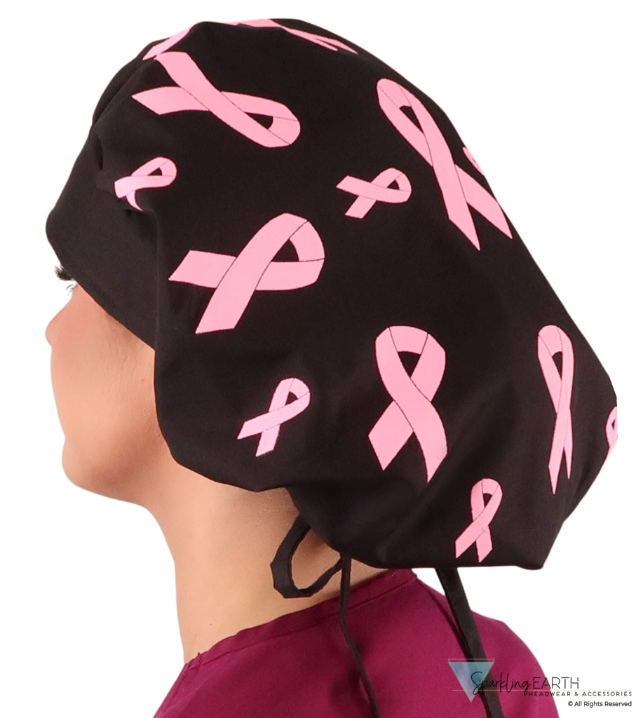 Designer Banded Bouffant Surgical Scrub Cap - Tossed Pink Ribbons on Black Designer Banded Bouffant Surgical Scrub Caps