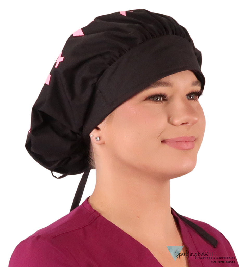Designer Banded Bouffant Surgical Scrub Cap - Tossed Pink Ribbons on Black Designer Banded Bouffant Surgical Scrub Caps