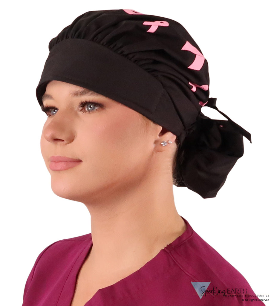 Designer Banded Bouffant Surgical Scrub Cap - Tossed Pink Ribbons on Black Designer Banded Bouffant Surgical Scrub Caps