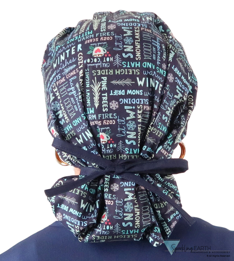 Banded Bouffant Ponytail Scrub Cap - Whimsical Winter with Navy Ties Banded Bouffant Surgical Scrub Caps