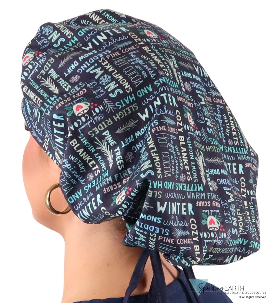 Banded Bouffant Ponytail Scrub Cap - Whimsical Winter with Navy Ties Banded Bouffant Surgical Scrub Caps