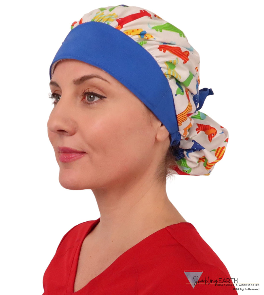 Designer Banded Bouffant - Wiener Dogs with Royal Band - Banded Bouffant Surgical Scrub Caps - Sparkling EARTH
