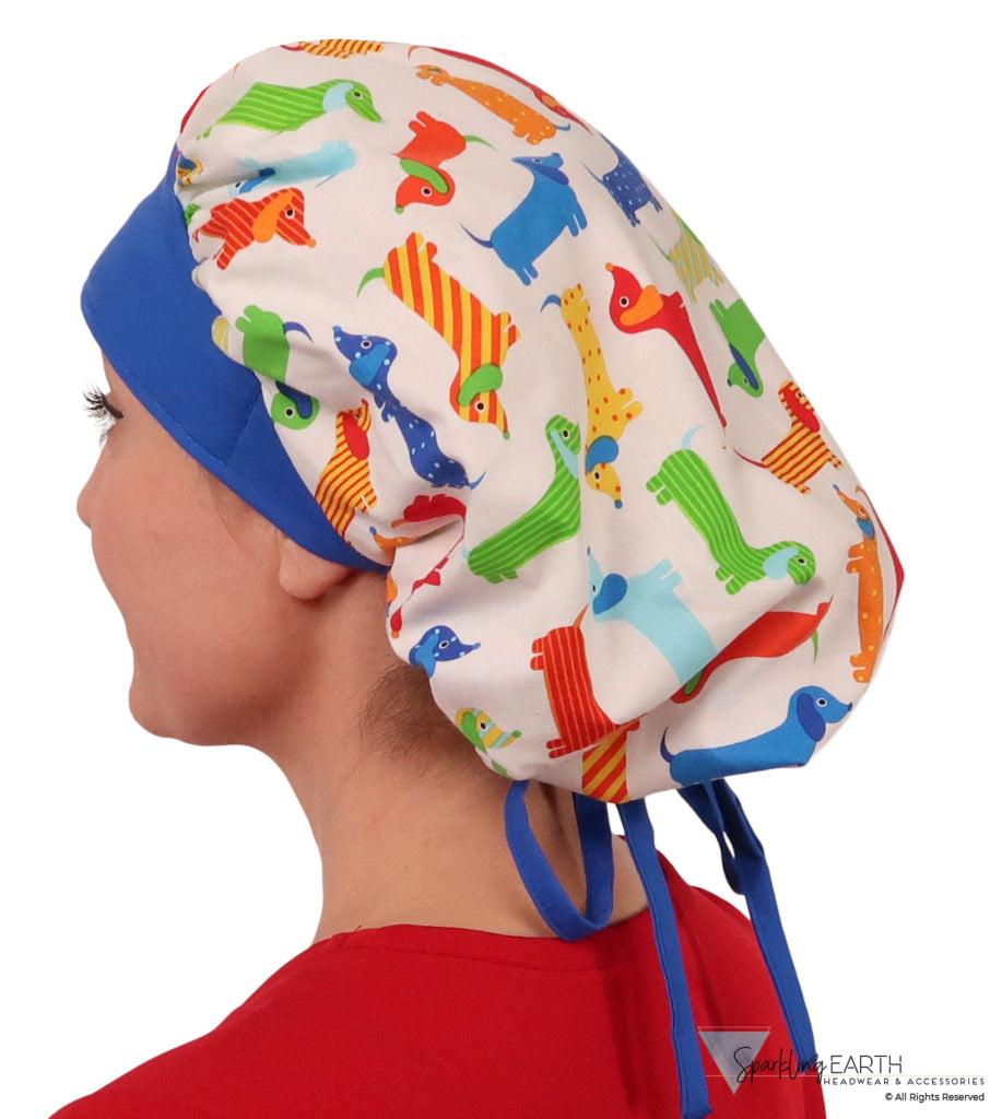 Designer Banded Bouffant - Wiener Dogs with Royal Band - Banded Bouffant Surgical Scrub Caps - Sparkling EARTH