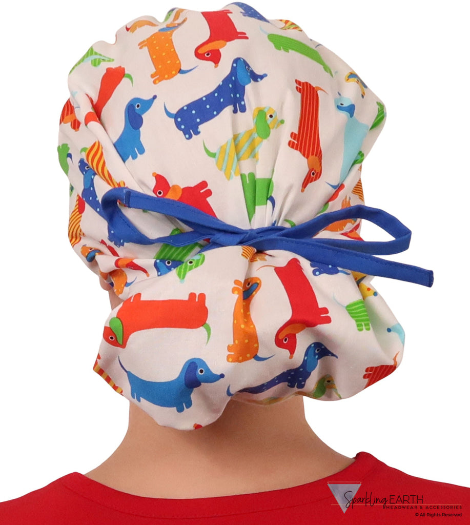 Designer Banded Bouffant - Wiener Dogs with Royal Band - Banded Bouffant Surgical Scrub Caps - Sparkling EARTH