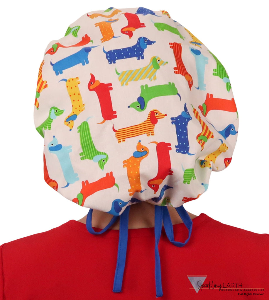 Designer Banded Bouffant - Wiener Dogs with Royal Band - Banded Bouffant Surgical Scrub Caps - Sparkling EARTH