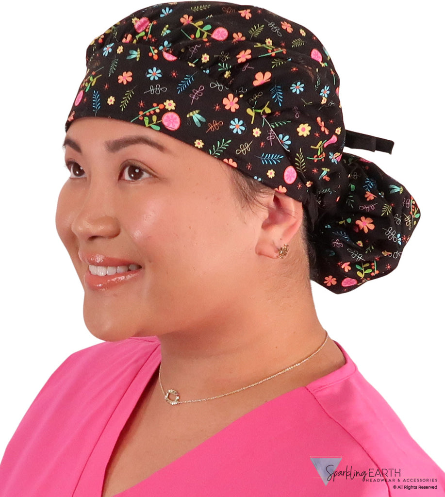 Banded Bouffant Surgical Scrub Cap - Wildflower Wonders with Black Ties - Banded Bouffant Surgical Scrub Caps - Sparkling EARTH