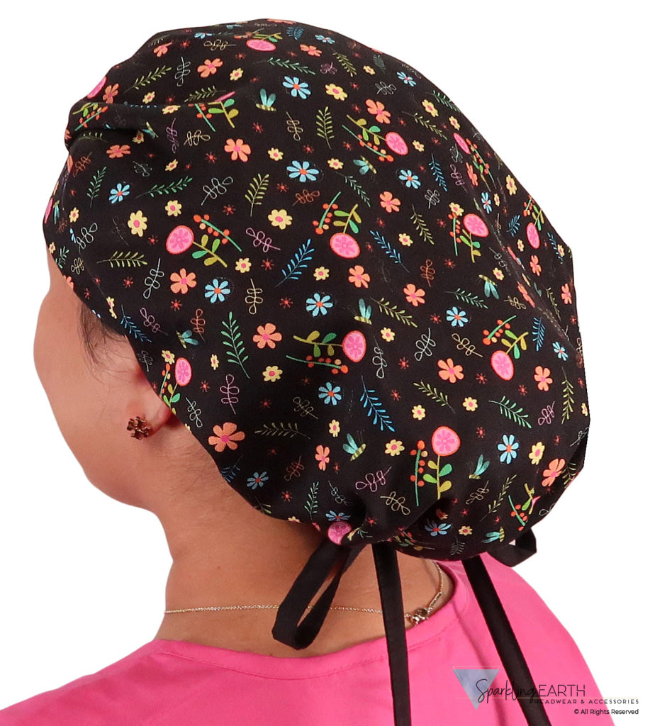 Banded Bouffant Surgical Scrub Cap - Wildflower Wonders with Black Ties - Banded Bouffant Surgical Scrub Caps - Sparkling EARTH