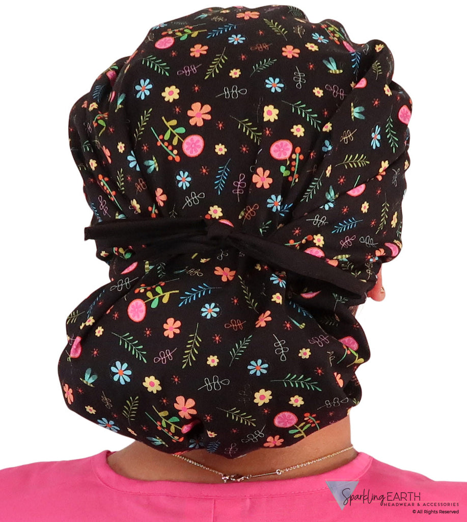 Banded Bouffant Surgical Scrub Cap - Wildflower Wonders with Black Ties - Banded Bouffant Surgical Scrub Caps - Sparkling EARTH