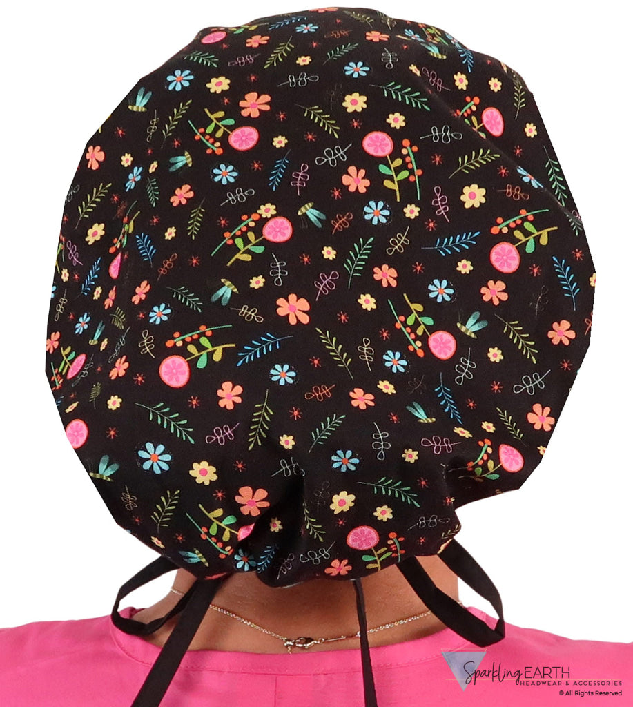 Banded Bouffant Surgical Scrub Cap - Wildflower Wonders with Black Ties - Banded Bouffant Surgical Scrub Caps - Sparkling EARTH