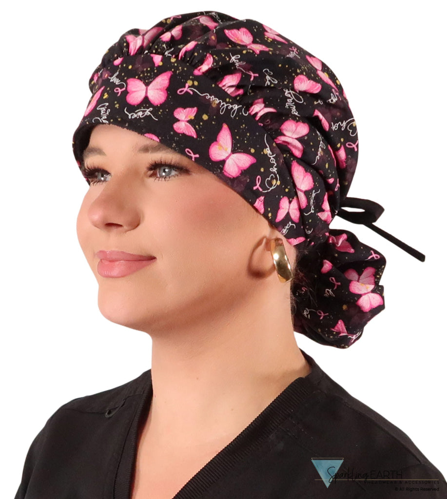 Banded Bouffant Ponytail Scrub Caps Wings of Hope (Pink Ribbons) with Black Ties Banded Bouffant Surgical Scrub Caps